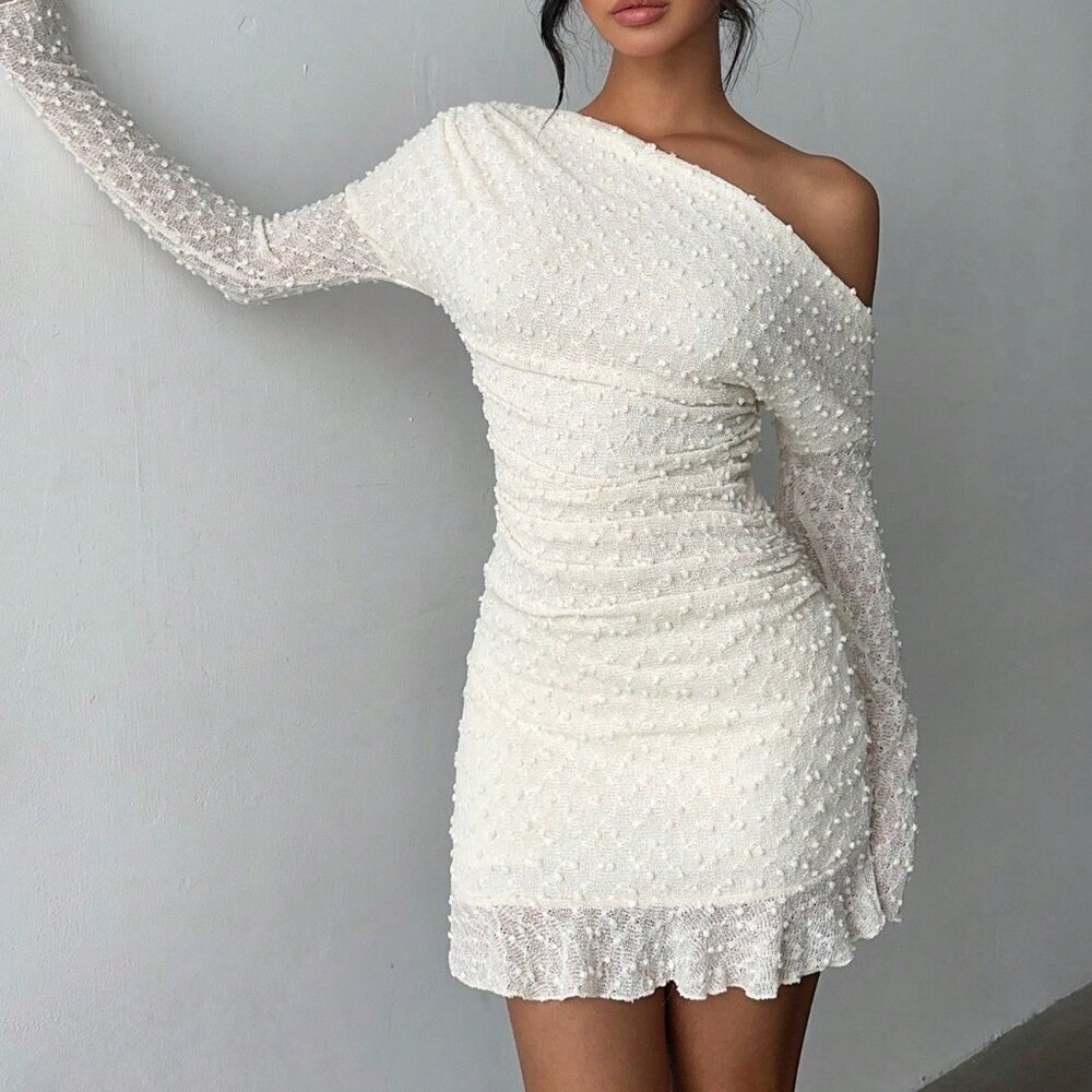 Apricot Elegant Women's Sexy Shoulder Long Sleeve Mini Bodycon Dress - Picture 7 of 7